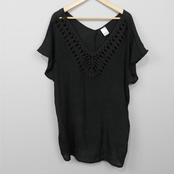 Target Kona Sol Swim Cover Up Size M Sheer Black Gauzey Crochet Cut‎ Out V Neck - Picture 1 of 12